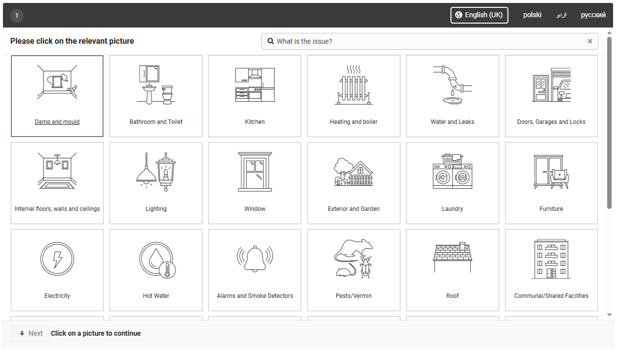 Maintenance portal where tenants select the type of repair issue
